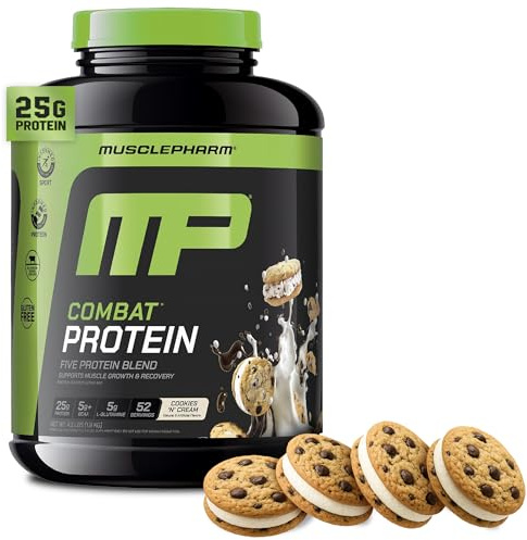MusclePharm Combat Protein Powder, Cookies ‘N’ Cream Flavor, Fuels Muscles for Productive Workouts, 5 Protein Sources including Whey Protein Isolate & Egg Albumin, Gluten Free, 4 lb, 52 Servings