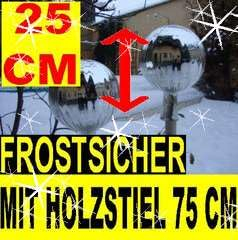 BTV 25 cm, Gartenkugel-Gartendeko Rosenkugel,Glas verspiegelt, handwerklich hergestellt,KOMPLETT MIT Holz-STIEL, gartendeko Kugel FROSTSICHER, LICHT- und WETTERFEST, Gross,Silber Rosenkugel Gartenkug