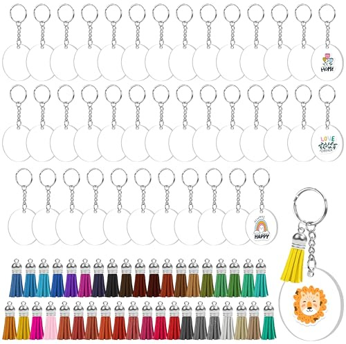 Kurtzy Blanko Acryl Schlüsselanhänger Rund mit Fransen & Zange (40Stk) - Schlüsselringe Plexi Platten 5cm –Acrylplatten Schlüssel Anhänger Transparent mit Quasten zum Basteln, Vinyl Projekt, DIY