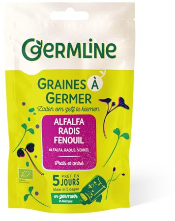 GERM'LINE - Graines à Germer Alfalfa, Radis & Fenouil Bio | Saveur Piquante & Anisée | Riche en Protéines & Fibres | Facile à Cultiver | Sachet 150g | Fabrication Française