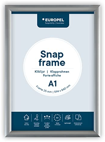 EUROPEL Snap Frame A1, 25 mm | Aluminium Anodised Construction & Anti-Glare Cover | Clip Poster Holders for Retail & Advertising Displays | Notice Sign Board Frame for Walls