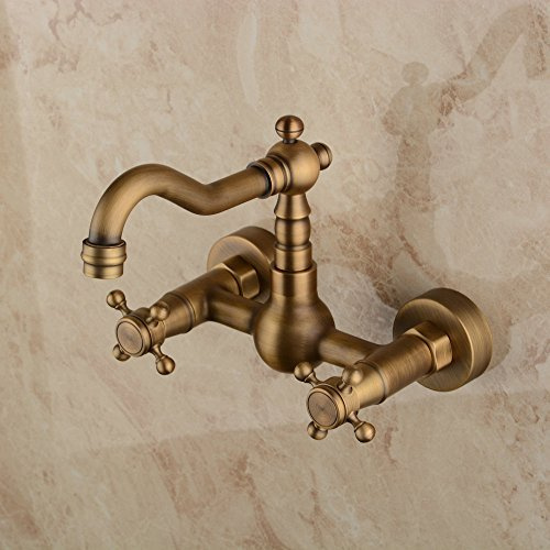 Hiendure® Messing Wandhalterung Bad Wasserhahn Küchenarmatur Hochbogen drehbare Auslauf, Messing antik