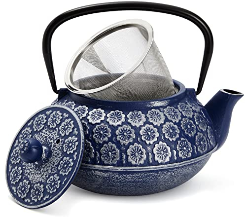 Japanese Cast Iron Teapot with Infuser for Loose Leaf and Tea Bags, Kettle Includes Handle and Removable Lid (Blue, 34oz)