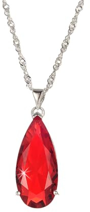 RIZILIA Red Teardrop Necklace for Women, Pear Cut Simulated Red Garnet CZ Pendant in 18K White Gold Plated, 45cm + 5cm Adjustable Chain, Gift Boxed for her