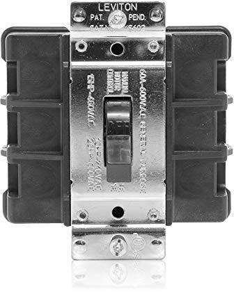 Leviton 60 Amp, 600 Volt, 3-Pole, Three-Phase Single Throw AC Manual Motor Controller, Standard Toggle, Industrial Grade, Non-Grounding, Back Wired, MS603-BW, Black