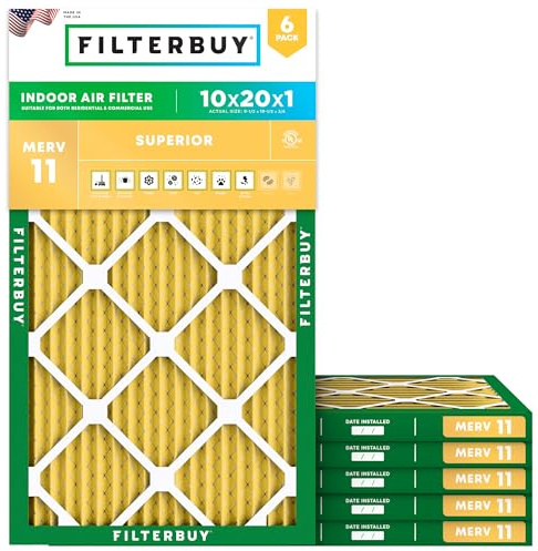 Filterbuy 10x20x1 Air Filter MERV 11 Superior Pet & Allergy Defense (6-Pack), Electrostatic Pleated HVAC AC Furnace Filters Replacement, Made in USA (Actual Size: 9.50 x 19.50 x 0.75)