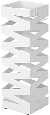 SONGMICS Regenschirmständer aus Metall, Schirmständer, quadratisch, 4 Haken und eine herausnehmbare Wasserauffangschale, 15,5 x 15,5 x 49 cm, weiß LUC16W