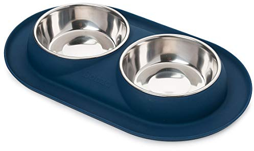 Bonza Double Cat Bowls Feeding Station, 400ml Premium Stainless Steel Dog and Cat Food or Water Bowls with Non-Spill Silicone Base, for Small Dogs and Cats