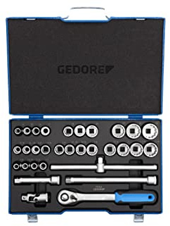 GEDORE Steckschlüsselsatz, Set 31tlg,12-kant, 1/2 Zoll, Werkzeug, Knarre Umschalthebel Inbus, für KFZ, D19 XMAU 20