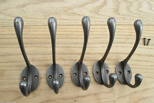 Ironmongery World® Viktorianische Hut- und Kleiderhaken aus Gusseisen, natürliche Altlackierung, Schulhaken, 5 Stück