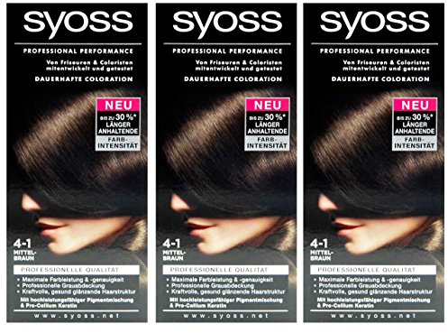 3x SYOSS Haarfarbe 4-1 MITTELBRAUN - Farbgenaues Ergebnis