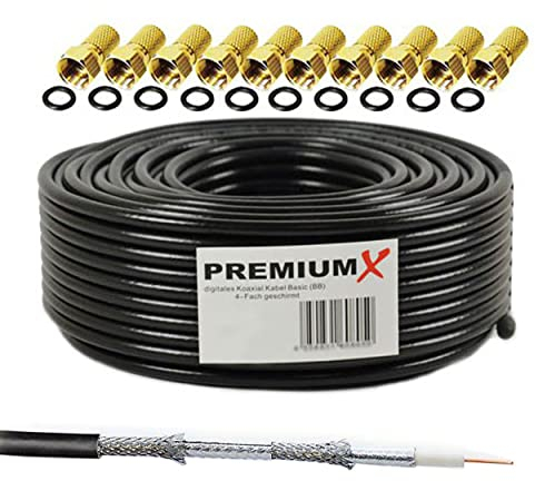 Premium X 50m BASIC Koaxialkabel schwarz 135dB 4-fach geschirmt CCS SAT TV Koax Antennenkabel Satelliten-Kabel 10x F-Stecker