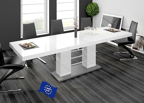 designimpex Design Esstisch HE-111 Weiß Hochglanz Grau ausziehbar 160 cm bis 260 cm Esszimmertisch für bis zu 10 Personen Hochglanz Funktionstisch modern vielseitig Esszimmer erweiterbar zeitlos