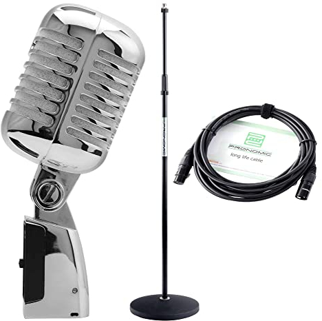 Pronomic DM-66S Dynamisches Mikrofon Set - Vocal-Mikrofon für Sprache und Gesang - Klassisches Vintage Rockabilly Design - Sparset inklusive Mikrofonstativ und XLR-Kabel - Silber/Weiß
