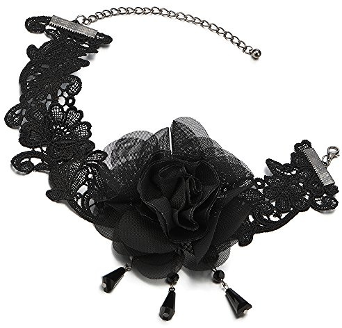 COOLSTEELANDBEYOND Victorien Nostalgique Noir Dentelle Collier Choker Femme avec Fleur Charm Pendentif