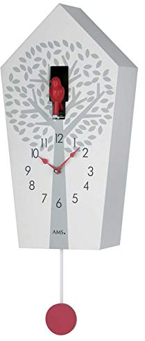 AMS 7286 Wanduhr - Moderne Kuckucksuhr mit Vogelgesang, Quarzpendelwerk, Nachtabschaltung, weiß lackiertes Holzgehäuse, Zwei Deko-Vögel inklusive, Maße: 20 x 39 x 11 cm, Gesamthöhe 51,5 cm