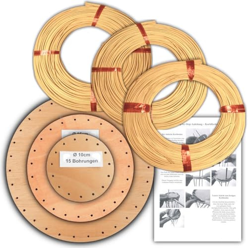 CSB-Center Peddigrohr Korbflechtset Einsteigerset [Set Nr.5A] - 3 Korbflechtböden & 3X 125g Peddigrohr incl. Anleitung