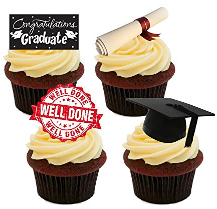 Graduation, Well Done/Congratulations, Edible Cake Decorations - Stand-up Wafer Cupcake Toppers (Pack of 12)