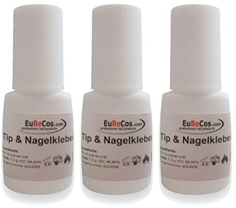 EuBeCos 3x Sekunden Tip Kleber 7,5g - Stehflasche mit Pinsel. Top Studio Qualität- Transparent und EXTRA SCHONEND!
