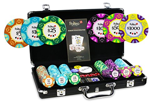 POKEO Poker-Koffer 300 Deluxe-Chips – Set mit 300 Pokerchips, 14 g + Koffer aus schwarzem Aluminium + 2 Kartenspiele aus 100 % Kunststoff + Dealer-Knopf
