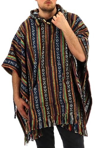 LOUDelephant 100% Woven Gheri Cotton Mexican Style Hooded Poncho - Brown, Green & Navy