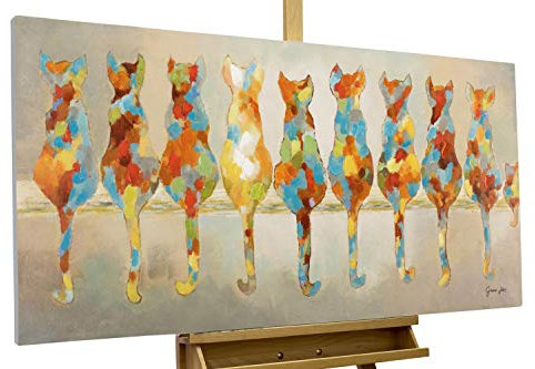 KunstLoft Leinwandbild | 100% HANDGEMALT | 120x60cm | Gemälde 'Wartende Grazien' | Katze | Bunt | Wandbild Wohnzimmer