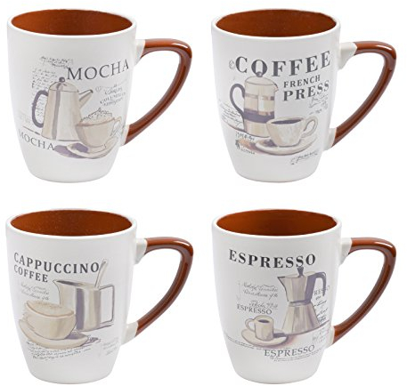 XSS XS4621 Set of 4 Gorgeous Large Stoneware Speciality Coffee Mugs with Mocha Espresso Cappuccino Designs