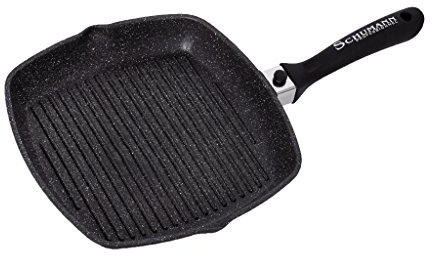 Schumann Professionnel - Poêle Grill Moove Revêtement en Pierre 28cm - Compatibles Tous feux dont Induction - Fonte d'Aluminium Sans PFOA - Manche Amovible en Silicone