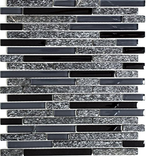 Mosaikkomposit kristall/stenblandning grå/svart glasmosaik genomskinlig 3D, mosaiksten format: 15 x 48/98/148 x 8 mm, bågstorlek: 298 x 338 mm, 10 ark