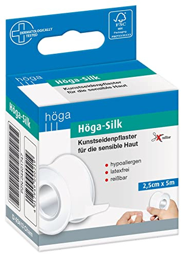 Höga-silke konstsidenplåster, för känslig hud – 2,50 cm x 5 m – lång och tvärs rivbar, hypoallergen, 2-pack.