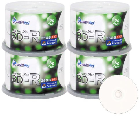 Smartbuy 200 Pack Bd-r 25gb 6X Blu-ray Single Layer Recordable Disc Printable White Inkjet Blank Data Video Media 200 Disc Spindle
