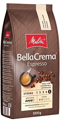 Melitta BellaCrema Espresso Ganze Kaffee-Bohnen 1kg, ungemahlen, Kaffeebohnen für Kaffee-Vollautomat, kräftige Röstung, geröstet in Deutschland, Stärke 5