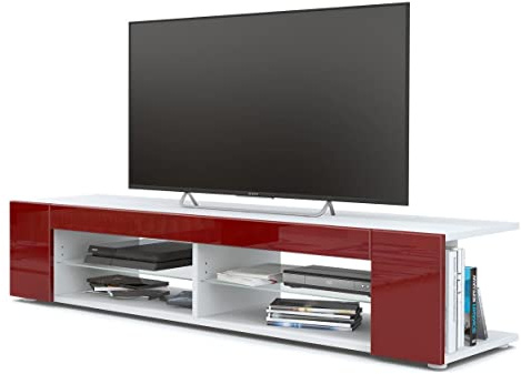 Vladon Buffet Bas Movie, Meuble TV avec 4 Compartiments Ouverts et placages décoratifs, Blanc Mat/Bordeaux Haute Brillance (134 x 29 x 39 cm)