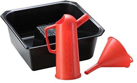 hünersdorff Ölwechsel-Set 3-teilig, Ölablasswanne + Trichter + Maßgefäß, schwarz-rot, HD-PE, made in Germany