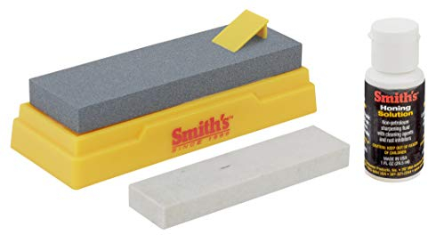 Smith’s SK2 2 Stone Sharpening Kit – 5” Medium + 4” Fine Arkansas Stones + Honing Oil – Non-Slip Plastic Base – Outdoor Hunting, Pocket, + Buck Knife Sharpener