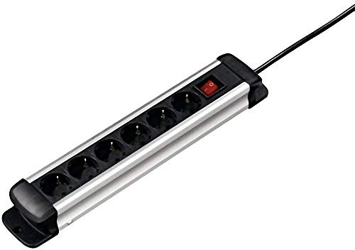 Hama Steckdosenleiste 6-Fach(Mehrfachsteckdose aus Aluminium, inkl. EIN- und Aus Kipp-Schalter, Wandmontage möglich, Steckplätze 45 Grad gedreht, Kabel 1,5m) Schwarz/Silber