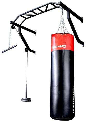 TrainHard® Multigriff Klimmzugstange Wandmontage mit Latzug & Boxsackhalterung, geprüfte und zertifizierte Qualität/optional: 80cm bis 130cm Boxsack (Ohne Hantelscheiben!)