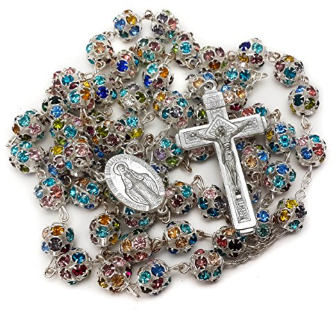 Nazareth Store Perline di zirconi di cristallo multicolore Rosario Collana di perline colorate cattoliche con croce Medaglia miracolosa (Argento)