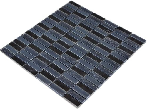 Mosaik Stäbchen Crystal/Stein mix grau/schwarz Glas Naturstein Fliesenspiegel, Mosaikstein Format: 15x50x8 mm, Mattengröße: 322x310 mm, 1 Matte