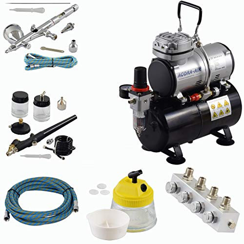 Agora-Tec® Airbrush Komplett-Set PROFI XIV.3, inkl. Kompressor mit 4 bar, 20l/min und 3 Liter Tank + 2 Airbrushpistolen mit 0,2 & 0,3 & 0,8mm Nadeln/Düsen + regelbaren 4-fach Luftdruckverteiler + Clean Pot + 2 Schläuche +Adapter