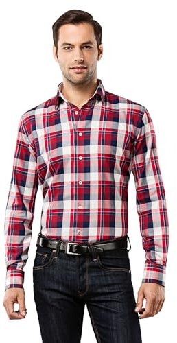 Vincenzo Boretti Chemise Homme, Coupe cintrée Slim-fit, Tissu Infroissable et agréable, 100% Coton, Manches-Longues, col Kent, Motif à Carreaux avec Contraste Bleu foncé/Bordeaux 39-40