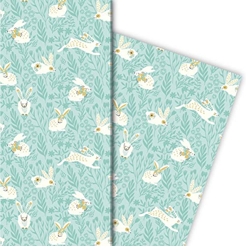 Niedliches Frühlings Geschenkpapier Hasen im Gras auch zu Ostern, türkis, für schöne Geschenk Verpackung zum Einpacken 32 x 48cm, 4 Bögen für Geburtstage, Hochzeit, Weihnachtsgeschenke