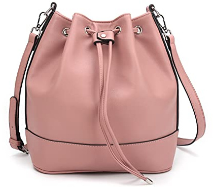 AFKOMST Damen Beuteltasche, Schultertasche & Umhängetasche für Damen, modische Handtasche aus Lederoptik, Kordelzug Tasche mit verstellbarem Schultergurt, elegante Freizeit Tasche（Rosa）