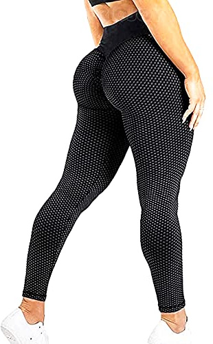 RIOJOY Womens High Waist Leggings 3D Mesh Knitted Ruched Butt Lifting Honeycomb Yoga Pants, 2 Black, L