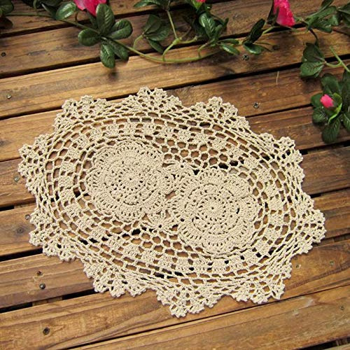 Phantomon Lace Doilies Handmade Crochet Placemats Cotton Doilies Cloth Lace, Pack of 4, Oval Shape, 10 x 14 inch (Beige)