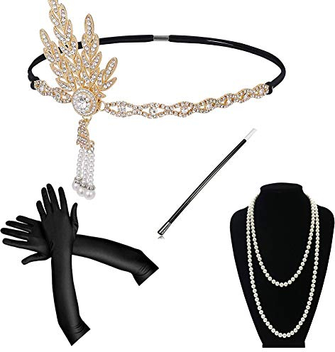 Yigoo 20er Jahre Charlestonkleider Accessoires Damen 1920s Flapper Gatsby Kostüm Zubehör, Zigarettenhalter Stirnband Perlenkette handschuhe Gold