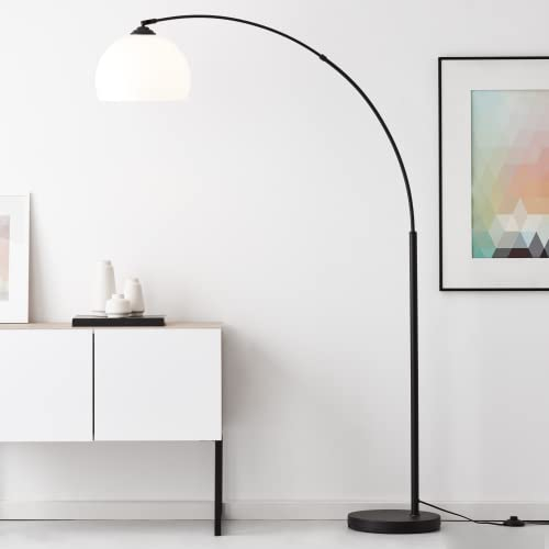 Lightbox Bogenlampe | 1,66 m Höhe, Ø 27 cm | dekorative Stehleuchte mit schwenkbarem Kopf & Fuss-Druck-Schalter | E27 Fassung | Wohnzimmer-Lese-Lampe aus Metall/Kunststoff in Schwarz/Weiß