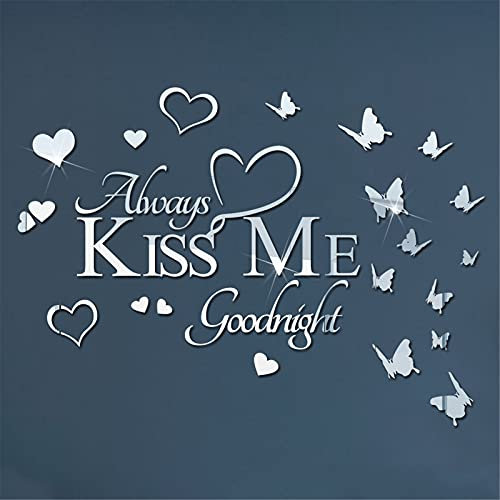 SWECOMZE 3D Schmetterling Wandaufkleber, Butterfly Wanddeko mit englischem Buchstaben Kiss Me,Wanddeko Wandsticker für Wohnung Kinderzimmer Wohnzimmer Schlafzimmer (Silber)