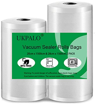 UKPALO 2 Pack 20cm x 1500cm and 28cm x 1500cm Vacuum Sealer Bags Rolls (Total 30m), 4 mil Thicken Food Save Vacuum Sealer Bags, BPA-Free Vacuum Seal Rolls, Great for Vac Seal Storage and Sous Vide