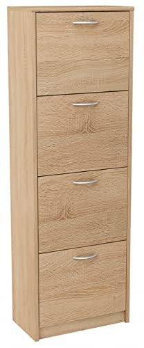 MATKAM Armario Zapatero 4S, de Aspecto Elegante, Ancho 50 x Alto 152 x Fondo 28 cm, Tablero para Muebles Laminado 16 mm, con Panel Trasero, 4 estantes para Zapatos desplegables (Roble Sonoma)
